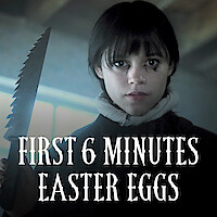 Still of Wednesday Addams (Jenna Ortega) holding a knife with "First 6 Minutes Easter Eggs" title