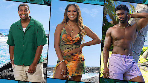 Three people posing outdoors near a tropical beach: a man in a green shirt, a woman in an orange and green dress, and a man in swim trunks leaning on a palm tree, all in a sunny island setting.