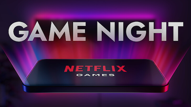 A glowing smartphone with "NETFLIX GAMES" on the screen sits under bold "GAME NIGHT" text, colorful neon lights create an energetic, playful atmosphere, suggesting a fun night of Netflix gaming.