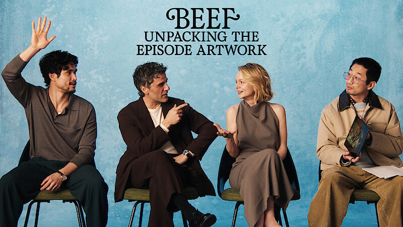 Four people sit on chairs against a blue background, talking and interacting. One person raises their hand while others gesture as if in conversation. Text above them reads "DEEP Unscripted: The Episode Artwork."