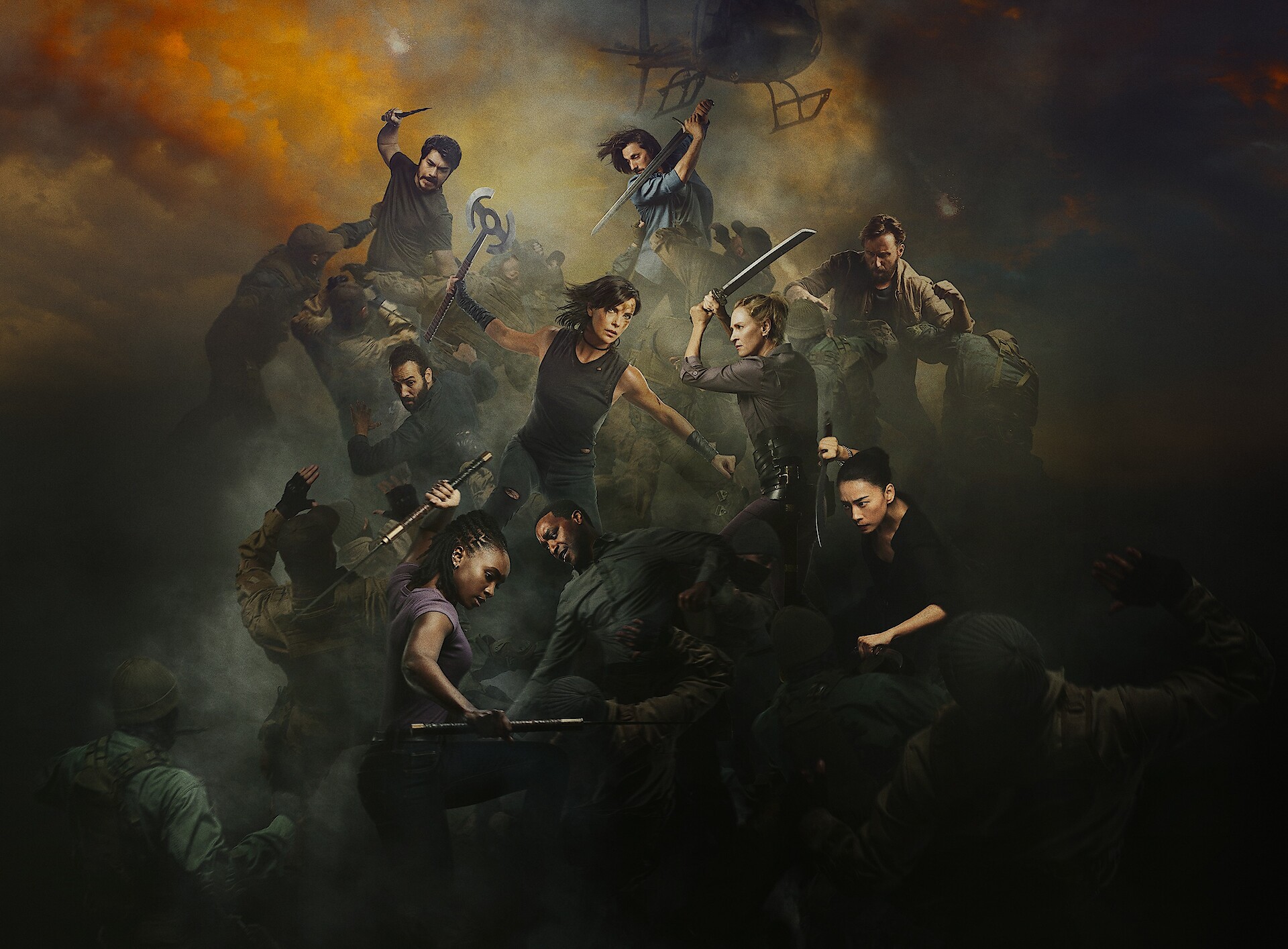 The Old Guard 2 key art featuring an epic clash between the heroes and villiains 