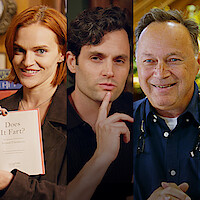 From left to right, a triptych of Madeline Brewer, Penn Badgley, and production designer Adam Scher on set of 'You'.