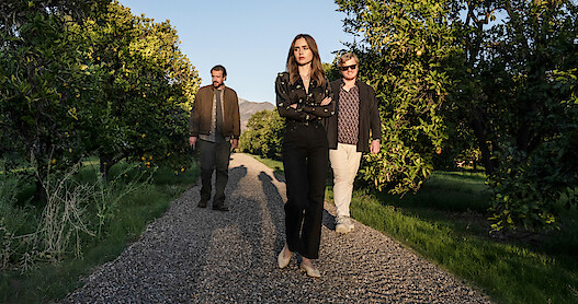 Lily Collins and others walking amid orange groves in the film 'Windfall'