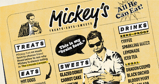 An illustration that looks like an old fashioned diner menu featuring things that Mickey Haller likes to eat