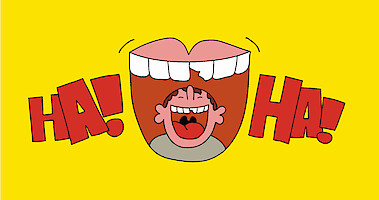 Mouth wide open with a boy inside of it laughing, the words HA! HA! to the left and right