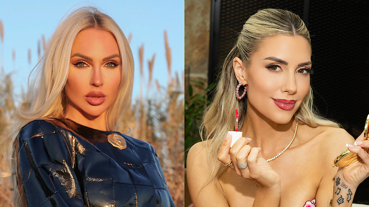 Two women side by side; left: blonde woman outdoors in shiny dark jacket with tall grass and blue sky in background; right: woman indoors with light hair applying lipstick, wearing jewelry, in a warm, elegant setting.