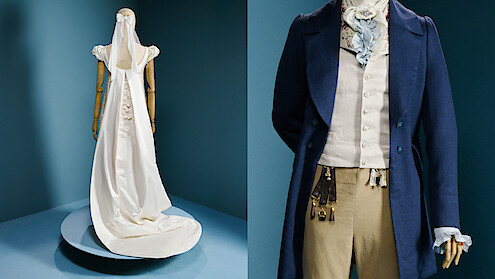 Sophie and Benedict's wedding day costumes