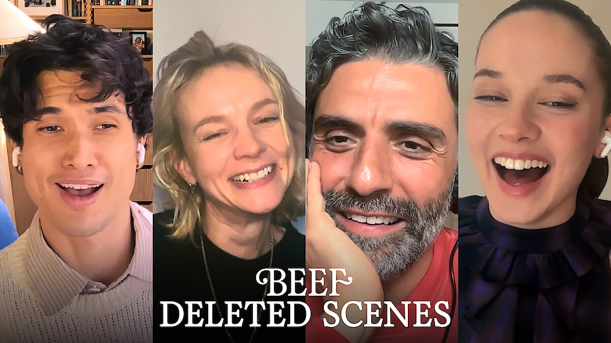 Charles Melton, Carey Mulligan, Oscar Isaac, Cailee Spaeny smiling and laughing in a video call, indoors with neutral backgrounds, each in their own setting. Text overlay reads "BEEF DELETED SCENES.