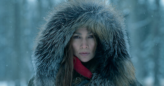Jennifer Lopez wearing a winter hood in a still from 'The Mother.'