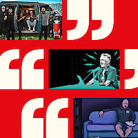 Three scenes: group near a van outdoors, man speaking energetically at a desk, person sitting on a couch with a book indoors — all set against a red background with large quotation marks.