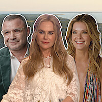 Stills of Liev Schreiber, Nicole Kidman, and Meghann Fahy in front of an image of an island