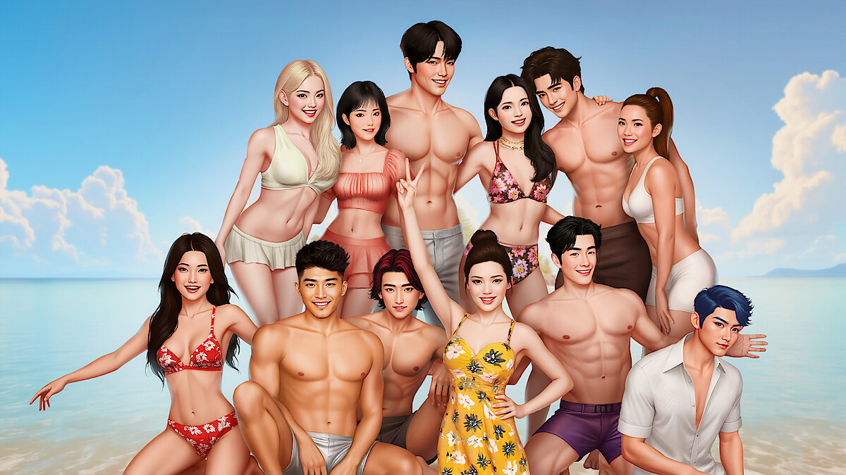 A group of contestants on a beach