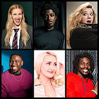 A collage of six diverse people in individual portrait photos, each showing different expressions and styles, arranged in two rows against various backgrounds including solid colors and indoor settings.