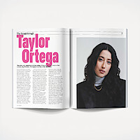 Magazine spread featuring an article titled "Taylor Ortega" in bold pink text, with a portrait of a woman with long dark hair in a black outfit and white turtleneck on a light studio background. Clean, minimal layout.