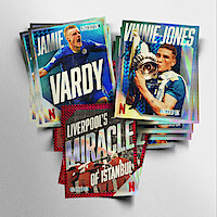 A stack of sports-themed Netflix trading cards featuring Jamie Vardy, Vinnie Jones holding a trophy, and Liverpool's Miracle of Istanbul, displayed in a bright, clean studio environment.