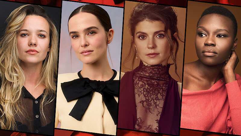 Four women in portrait-style photos, each in different elegant attire, posed against various colored backgrounds. The settings are studio-lit with neutral to warm tones, focusing on facial expressions and fashion details.