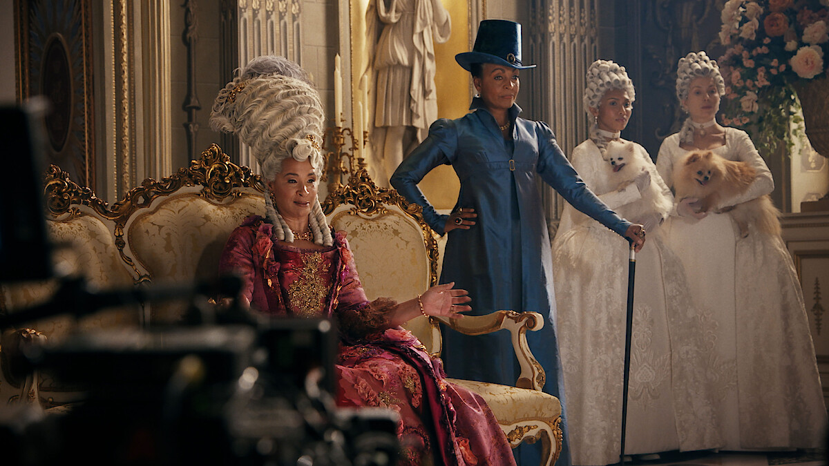 Golda Rosheuvel as Queen Charlotte and Adjoa Andoh as Lady Danbury behind the scenes in 'Bridgerton' Season 4.