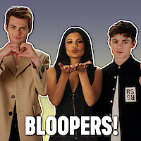 From left to right: Noah LaLonde, Nikki Rodriguez, and Ashby Gentry, making playful gestures against a gradient background, with 'BLOOPERS' displayed at the bottom.