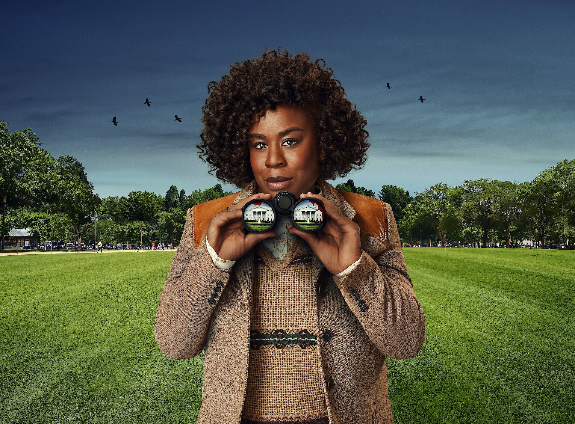 The Residence key art -  Uzo Aduba holding a pair of binoculars that are reflecting an image of the White House