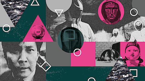 Mixed Media Collage with Seong Gi-hun, Circle and Square guards and the Frontman