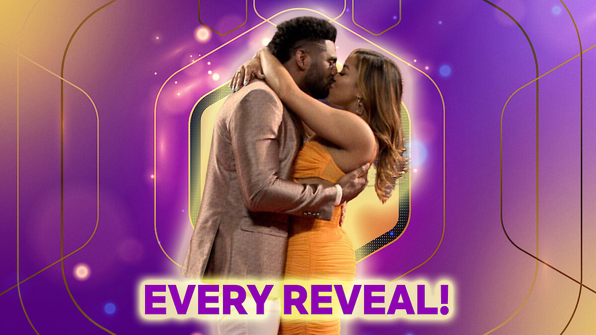 Brett and Tiffany hug and kiss against a stylized purple background with the text "Every reveal!" in front of them.