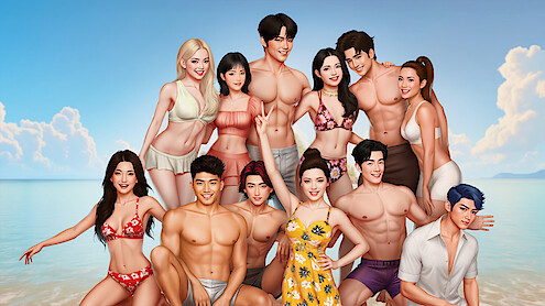 A group of contestants on a beach