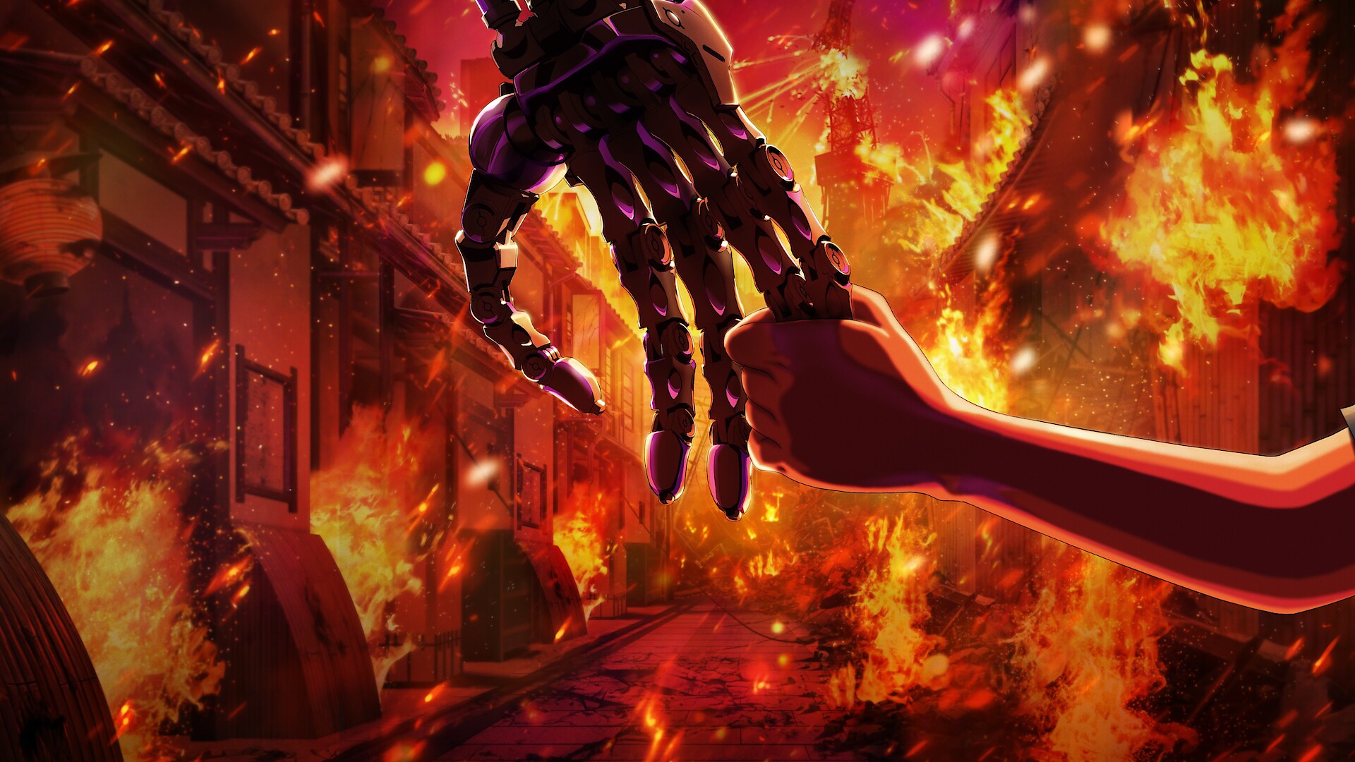 Terminator Zero - A terminator holding a young person's hand in front of an inferno of fire. 