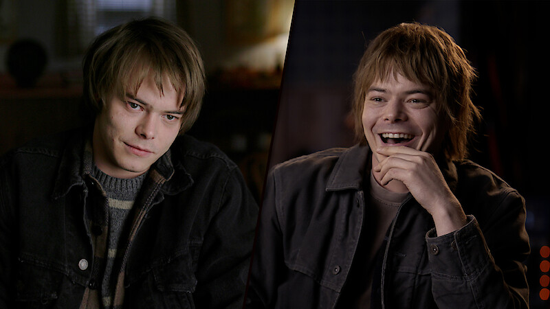 Charlie Heaton with shaggy hair at two ages: younger and serious on the left in casual layers, older and more relaxed on the right under softer studio lighting.