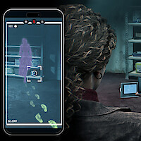 A person holding a smartphone in a dimly lit storage room uses an augmented reality app to reveal glowing footprints and a ghostly figure invisible to the naked eye, with shelves and containers visible in the background.