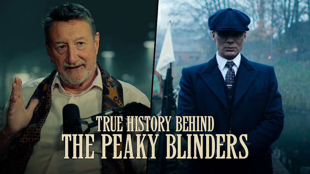 Steven Knight telling a story sharing the screen with an image of Tommy Shelby from the show Peaky Blinders