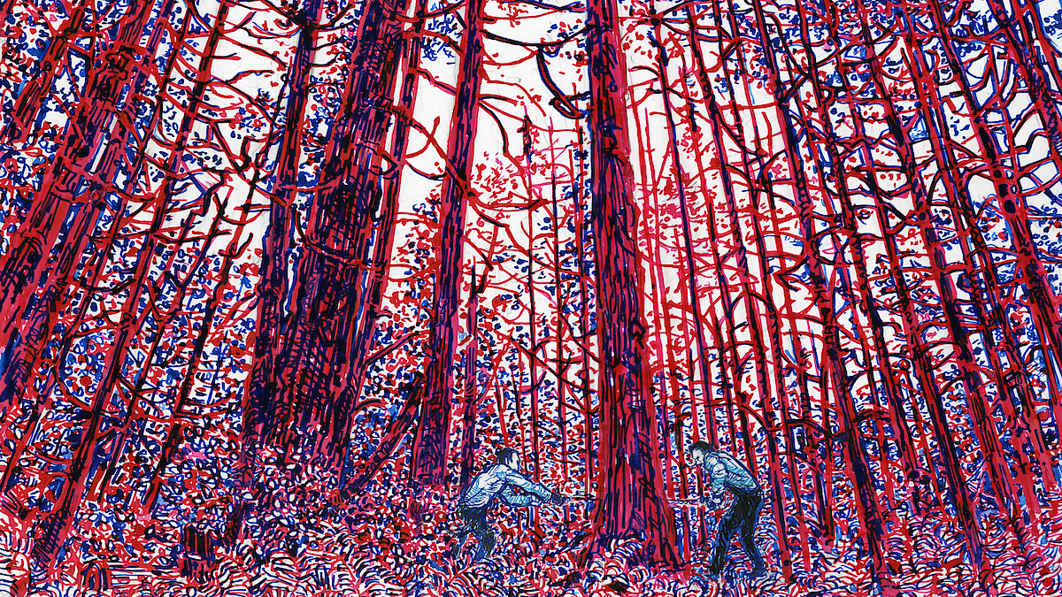 An illustration of two people cutting down a tree. 