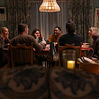 Erica Henningsen as Ginny, Will Forte as Jack, Tina Fey as Kate, Colman Domingo as Danny, Marco Calvani as Claude, and Kerri Kenney-Silver  as Anne sit at a dining room table in 'The Four Seasons' Season 1.