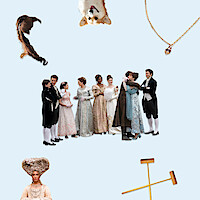 A group of people in elaborate Regency-era costumes stand together, beside a brown hairpiece and a gold necklace on a light blue background, creating a vintage, elegant atmosphere.