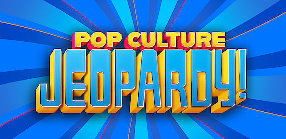 Pop Culture Jeopardy colorful logo with bold 3D yellow and blue text on a dynamic, radial blue background with light beams, resembling a game show title screen.