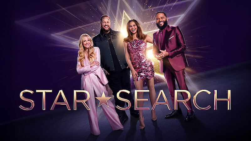 Sarah Michelle Gellar, Jelly Roll, Chrissy Teigen and Anthony Anderson stand smiling in front of a glowing star backdrop on a purple stage, with the text "Star Search" in gold at the bottom.
