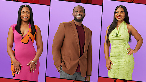 Keya, Kevan, and Tyler posing in studio portraits with purple backgrounds, split into three panels; woman in pink dress left, man in brown blazer center, woman in green dress right, all smiling and well-dressed.