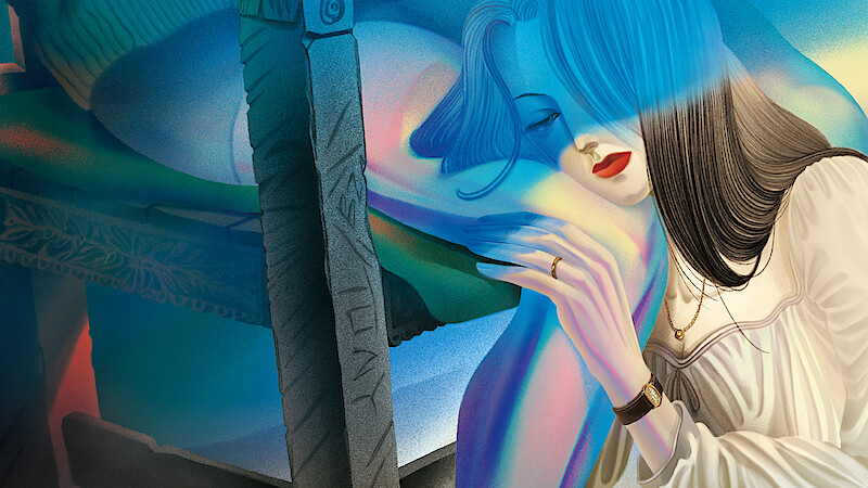 An illustration of the narrator lovingly holding Vladimir's leg as he is tied to a chair in her cabin.