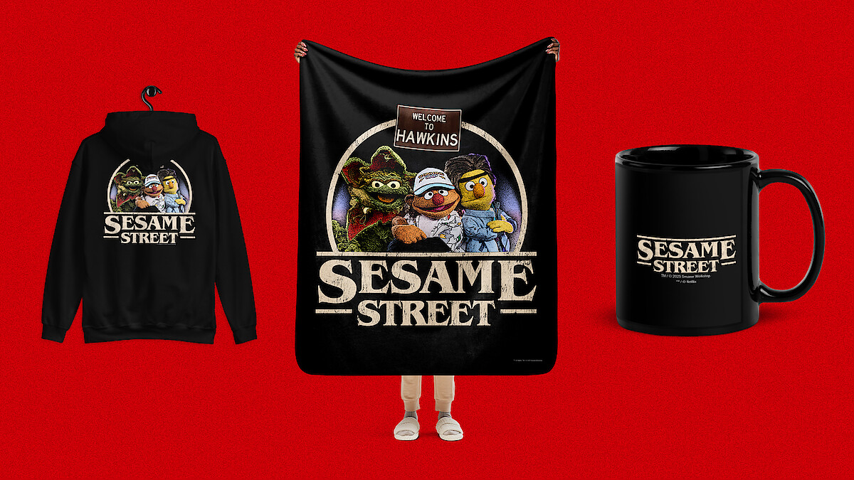 'Stranger Things' x 'Sesame Street' sweatshirt, blanket and mug.