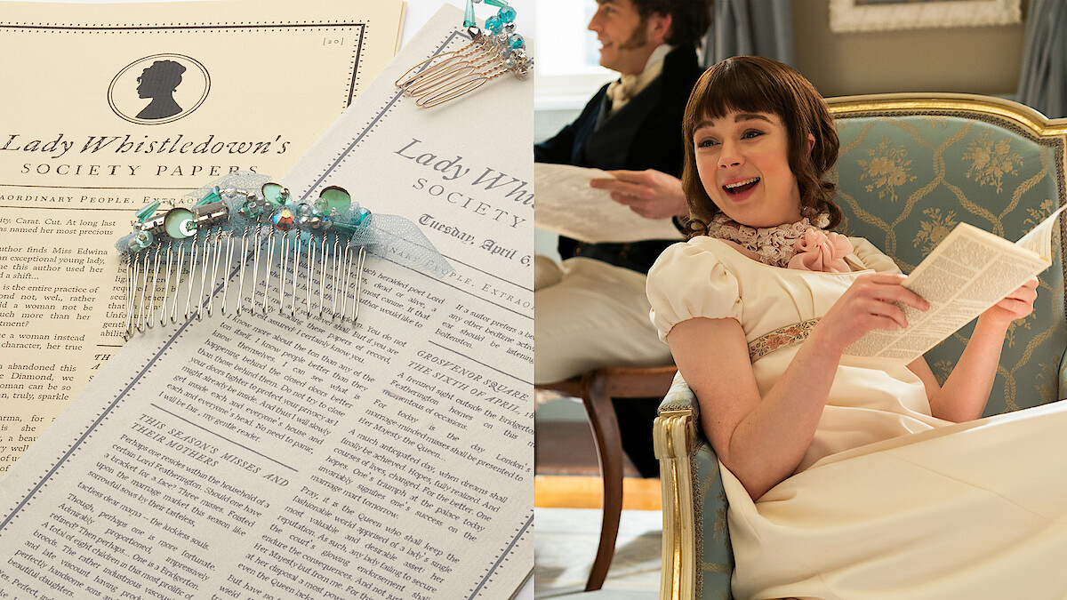 Side-by-side image of Lady Whistledown's society papers and Elouise Bridgerton reading the papers in Season 3 of 'Bridgerton'