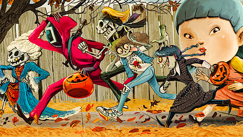 Halloween-themed illustration of various characters from Netflix shows.