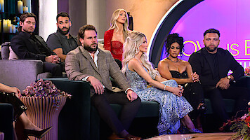 Chris Fusco, Alex Henderson, Jordan Faeth, Ashley Carpenter, Amber Morrison, Brittany Wicker, Devonta Anderson in formal attire sit on a set with modern decor and purple lighting, likely filming a television reunion or talk show.