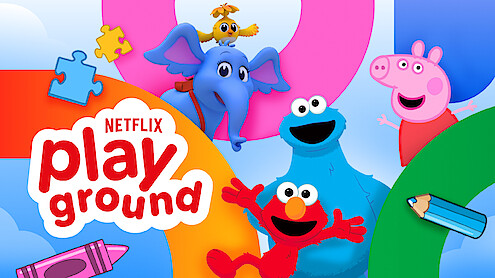Colorful cartoon characters including an elephant, bird, Cookie Monster, Elmo, and Peppa Pig in a playful setting with clouds, crayons, puzzles, and a pencil, along with the Netflix Playground logo.