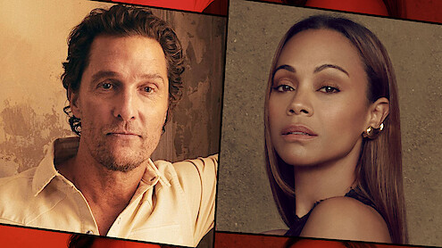 A man and a woman each pose for portraits against neutral brown backdrops, both looking directly at the camera with calm expressions. The images are set side by side with a graphic border dividing them.