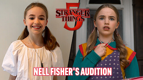 Duas imagens de Nell Fisher: uma sorrindo, com uma blusa branca; outra com expressão surpresa, com roupas coloridas. Com texto indicando ‘Stranger Things 5’ e ‘Audição de Nell Fisher’ em letras iluminadas, com tom dramático esperançoso.
