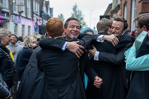 Dominic West hugs Luther Ford while celebrating the final day of filing Season 6 Part 2 of 'The Crown' 