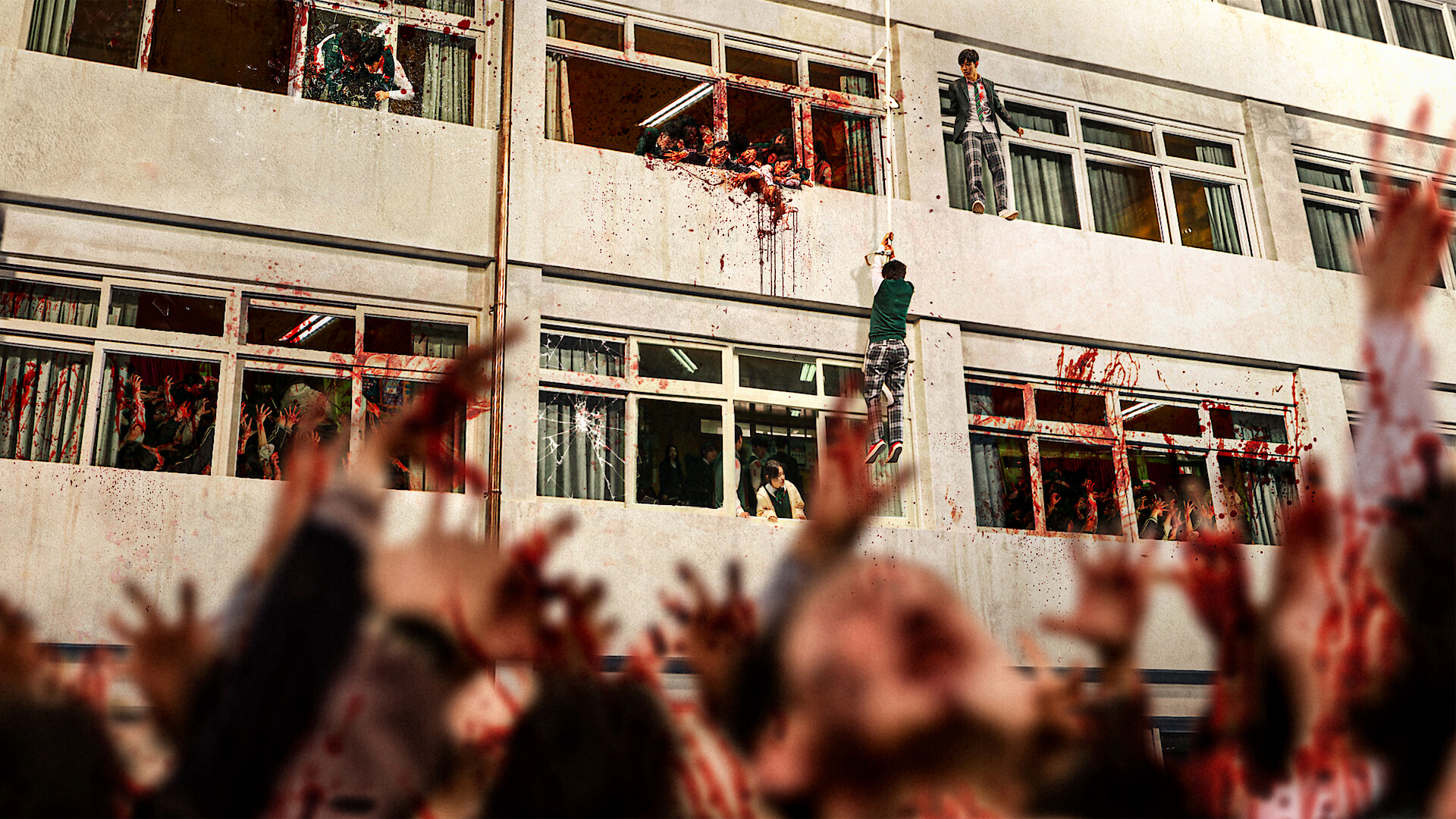 People escaping from a building with blood-stained windows, one person climbing down as a crowd of zombies with bloody hands reaches up from below, creating a tense, chaotic scene.