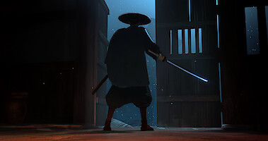A samurai stands in the open doorway in 'Blue Eye Samurai.'