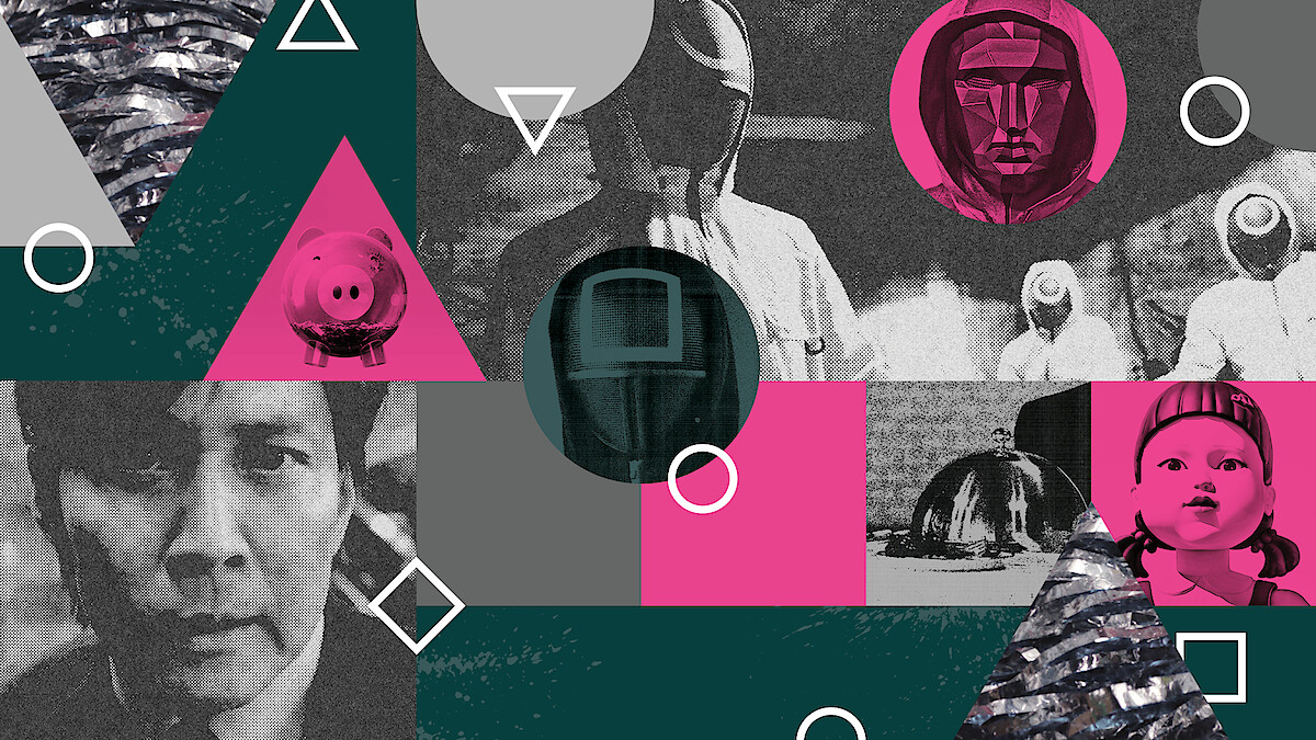 Mixed Media Collage with Seong Gi-hun, Circle and Square guards and the Frontman