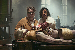 Writer/Director Guillermo del Toro, Oscar Isaac as Victor Frankenstein and Jacob Elordi as The Creature in Frankenstein.