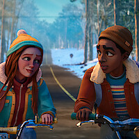 Two animated teenagers ride bikes on a rural road lined with snow-covered trees, wearing winter jackets and hats, having a conversation in a peaceful, wintry forest landscape.